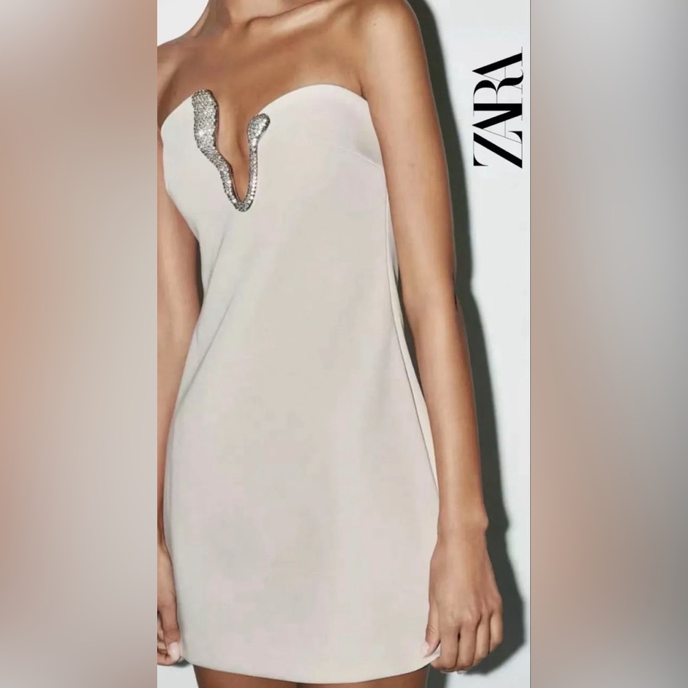 Zara White Strapless Dress with Silver Detail